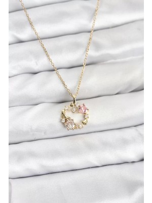 Uravas Store Çelik Zincir Gold Renk Pembe Taş Detaylı Çelenk Model Kadın Kolye - TJ-BKO10903