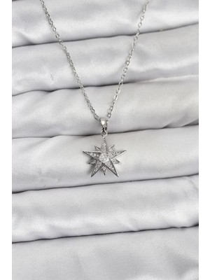 Uravas Store Çelik Zincir Gümüş Renk Yıldız Model Zirkon Taşlı Kadın Kolye - TJ-BKO10845