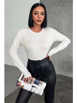 Uravas Store Rahat Uzun Kollu Bisiklet Yaka Likralı Viskon Penye Body Ekru