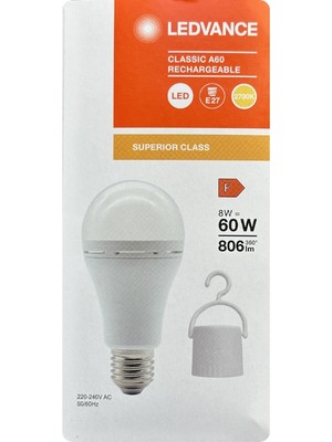 Avarson (1 Adet) Ledvance 8W SARI Işık (2700K) E27 Duylu (Kalın Duy) Şarjlı Ampul