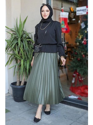 Uravas Store Zarif Pileli Parlak Krep Gizli Lastikli Haki Etek