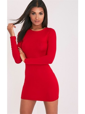Uravas Store Uzun Kollu Mini Kırmızı Elbise