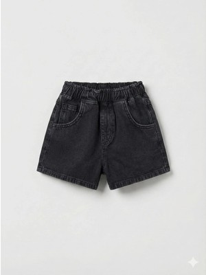 Magu Unisex Çocuk Pamuklu Siyah Jean Şort - Elastik Belli Cepli