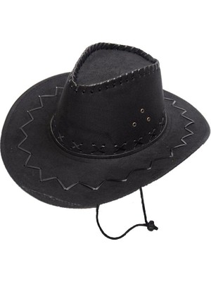Uravas Store Bağcıklı Çuk Boy Nubuk Süet Kovboy Şapkası Siyah Renk