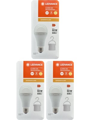 Avarson (3 Adet) Ledvance 8W SARI Işık (2700K) E27 Duylu (Kalın Duy) Şarjlı Ampul