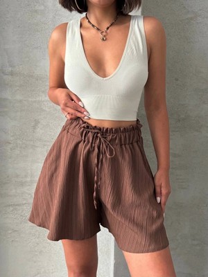 Uravas Store Volanlı Keten Şort Kahve S255058