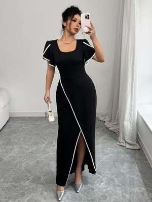 byasafkids Kadın Kısa Kollu Kare Yakalı Önden Çapraz Kesim Detaylı Krep Elbise