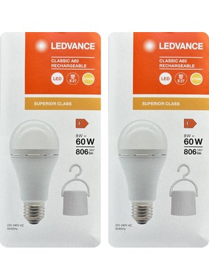 Avarson (2 Adet) Ledvance 8W SARI Işık (2700K) E27 Duylu (Kalın Duy) Şarjlı Ampul