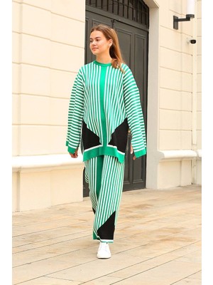 Uravas Store Çizgili Bisiklet Yaka Triko Takım Yeşil