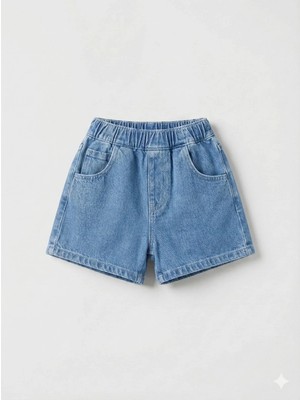 Magu Unisex Çocuk Pamuklu Mavi Jean Şort - Elastik Belli Cepli