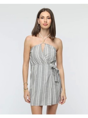 Uravas Store Kuşaklı Çizgili Mini Keten Elbise