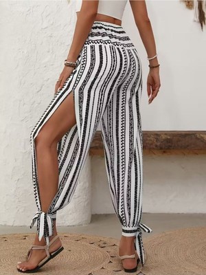 byasafkids Kadın Yüksek Bel Desenli Paçadan Bağlamalı Yanları Yırtmaçlı Süprem Pantolon