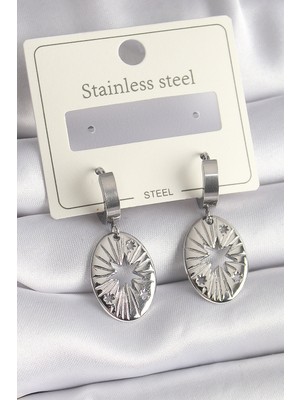 Prativas Çelik Gümüş Renk Kutup Yıldızı Işleme Kadın Küpe