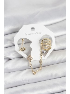 Prativas Pirinç Gold Renk Sarmal Model Zincir Bağlantılı Ear Cuff Küpe Seti