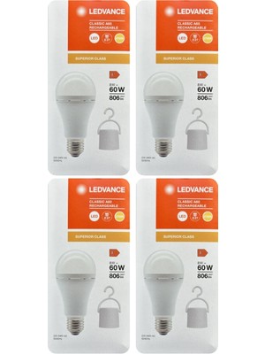 Avarson (4 Adet) Ledvance 8W SARI Işık (2700K) E27 Duylu (Kalın Duy) Şarjlı Ampul