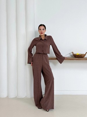 Uravas Store Gömlek Yaka Kaplama Düğmeli Takım Kahve