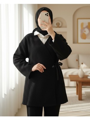 Modamorfo Yandan Bağlamalı Buklet Kimono -Siyah