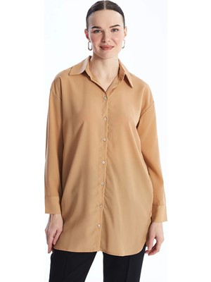 LC Waikiki Lc Waıkıkı Kahverengi Düz Uzun Kollu Oversize Kadın Gömlek Tunik