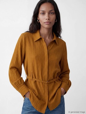 LC Waikiki Lcw Everyday Sarı Kemerli Oversize Armürlü Kadın Gömlek Tunik