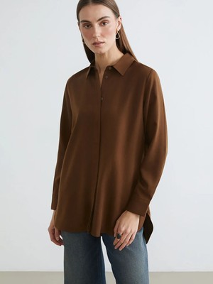 LC Waikiki Lcw Everyday Kahverengi Gabardin Kadın Gömlek Tunik