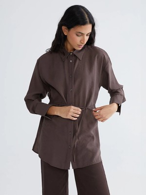 LC Waikiki Lcw Modest Kahverengi Bağlama Detaylı Kadın Gömlek Tunik