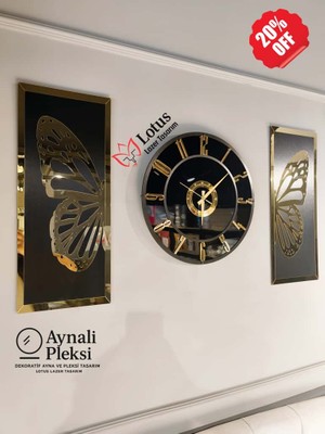 Lotuslazer Tasarım 3 Parça Aynalı Pleksi Duvar Saati Seti – 50X50 cm Saat + 50X25 cm 2’li Yan Dekor – Sessiz Mekanizma – Gold Siyah