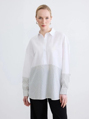 LC Waikiki Lc Waıkıkı Gri Çizgili Oversize Kadın Gömlek Tunik