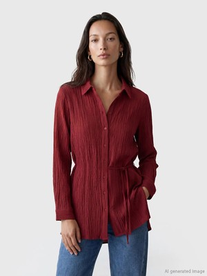 LC Waikiki Lcwaıkıkı Classic Bordo Dokulu Kadın Gömlek Tunik