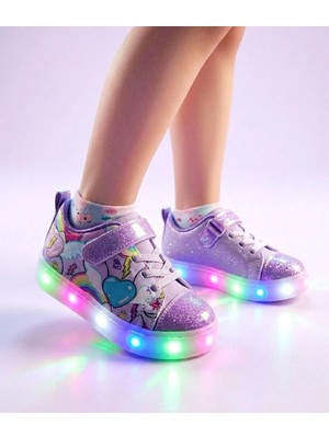 Surpie Shoes Kız Çocuk Unicorn Günlük Ayakkabı, Çocuk Işıklı Ayakkabı