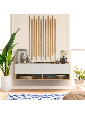 Feyza Design Ahşap Çıtalı Dresuar Seti - Beyaz ve Çam Renkli