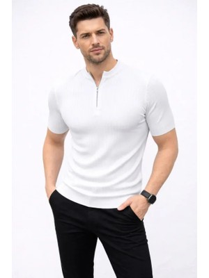 Civetta Erkek Kısa Kol Fitilli Triko T-Shirt Yazlık Hakim Yaka Tişört - Beyaz