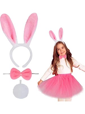 Uravas Store Tavşan Tacı Eteği Papyonu Kuyruk Kostüm Seti Pembe Renk Çocuk Boy