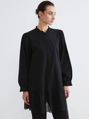 LC Waikiki Lcw Comfort Siyah Fırfırlı Hakim Yaka Kadın Gömlek Tunik