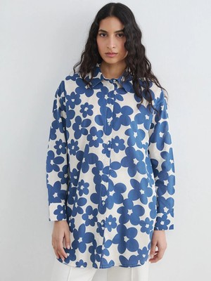 LC Waikiki Lcw Modest Mavi Desenli Oversize Kadın Gömlek Tunik