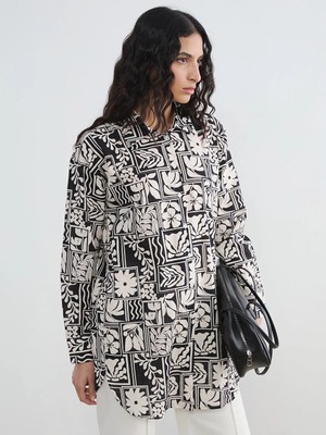 LC Waikiki Lcw Modest Siyah Desenli Oversize Kadın Gömlek Tunik