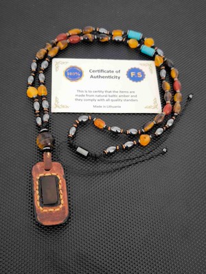 Tahrastone Fosilli Baltık Damla Kehribar-Kaplangözü-Akik-Turkuaz-Hematit Doğaltaş Kolye Takı Aksesuar Erkek Kolye