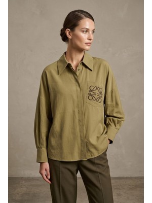 Rosa By Belle Kadın Haki Oversize Nakış Detaylı Cepli Gömlek