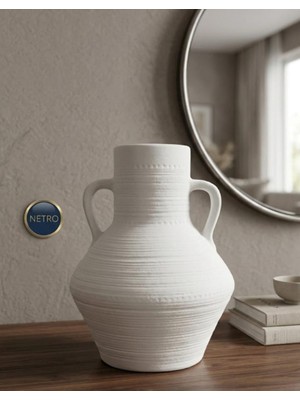 Skygo Kulplu Testi Model Büyük Dekoratif Vazo Seramik Şık Vazo El Yapımı Özel Seri 30 cm