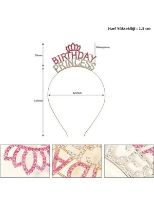 Buğz Kristal Taşlı Birthday Princess Yazılı Parti Tacı Pembe Renk
