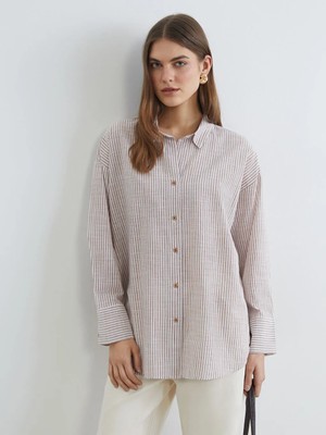 LC Waikiki Lc Waıkıkı Kahverengi Çizgili Oversize Kadın Gömlek Tunik