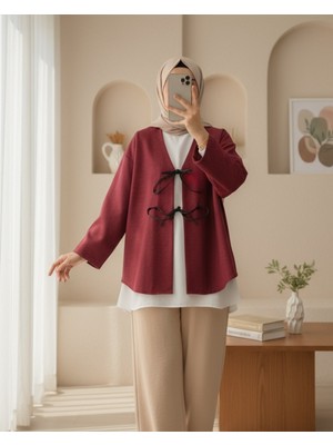 Modamorfo Önü Bağcıklı Oval Kesim Kaşe Kimono   -Bordo
