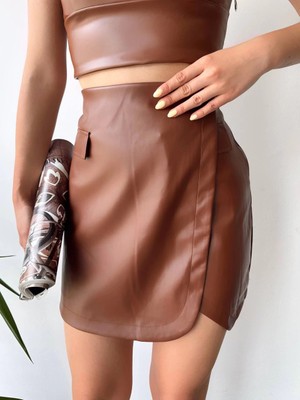 Nerm Cep Detaylı Oval Kapaklı Deri Etek Kahve H240048