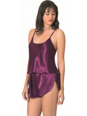 MiraLive Mor Saten Babydoll Şort Takımı
