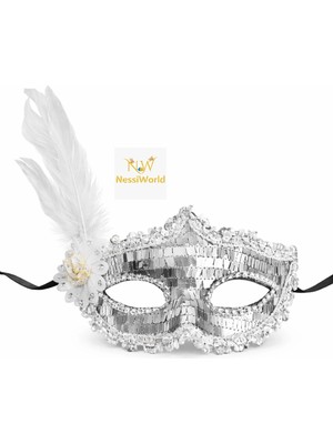 Uravas Store Gümüş Tüylü Payetli Lüks Taşlı Parti Maskesi
