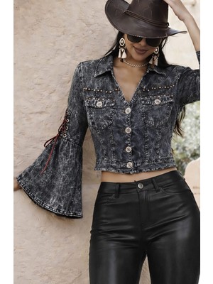 Flare Kol Juji Tasarım Ispanyol Gri Crop Ceket