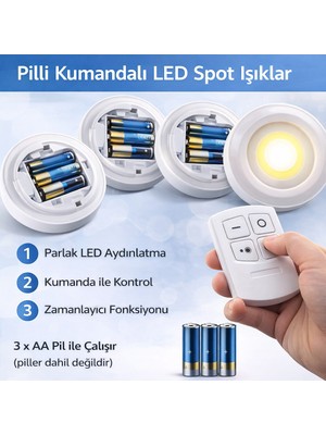 EyluX Shop 3 Lü Kumandalı Yapışkanlı Kablosuz Pilli LED Spot Lamba Mutfak,salon ve Merdiven Işıklandırma