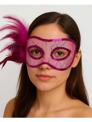 Uravas Store Fuşya Renk Yandan Tüylü Pul Payet Işlemeli Parti Maskesi 23X12 cm