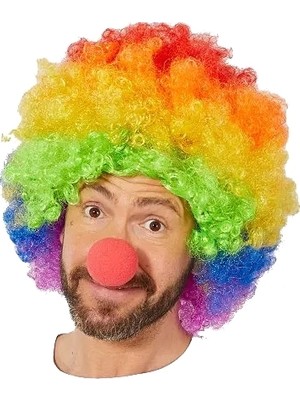 Uravas Store Rengarenk Gökkuşağı Afro Bonus Peruk Kırmızı Renk Sünger Burun 120 gr