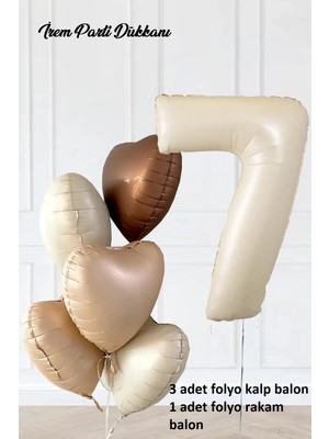 İrem Parti Dükkanı 7 Yaş Parti Retro Pastel Doğum Günü Seti 1 Adet Bej Krem Rakam Folyo, 3 Adet Kalp Folyo Balon
