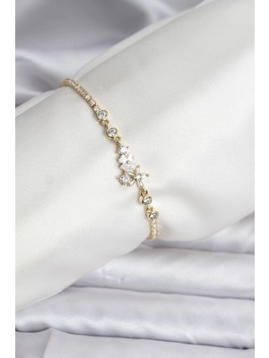 Uravas Store Çiçekli Model Zirkon Taşlı Gold Renk Su Yolu Kadın Bileklik